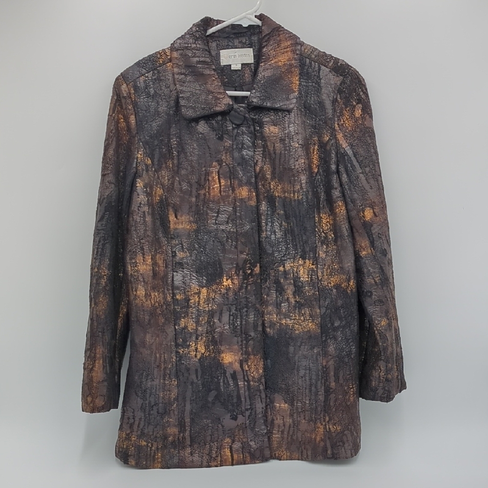 Erin London Vintage Abstract Jacket Coat Small Brown Modernist Artsy Metallic